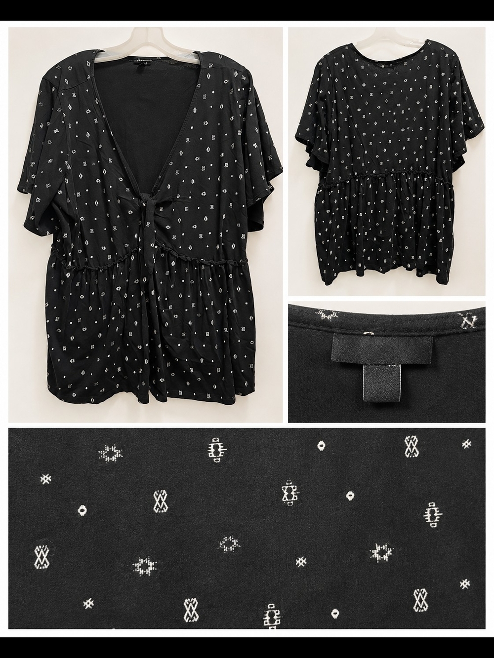 Torrid Size 3 Black White Geometric Print Tie Front Babydoll Top